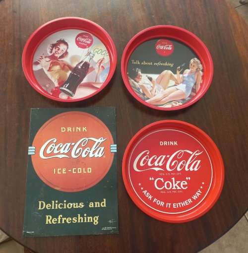 3x COCA COLA TRAYS AND SIGN - MADE IN USA 1990