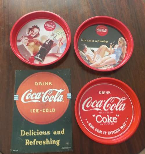 3x COCA COLA TRAYS AND SIGN - MADE IN USA 1990