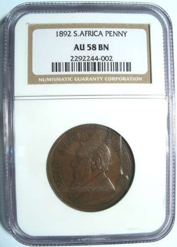 1892 - ZAR Penny - NGC AU 58 BN - R1 Start******