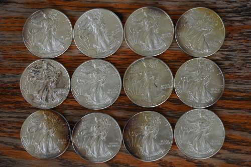 American Silver Eagle 12 coins of 1 0z - silver tarnished and some with acid test tarnish