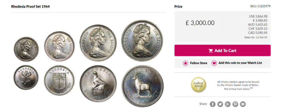 RHODESIA 1964 PROOF SET OF SEVEN COINS