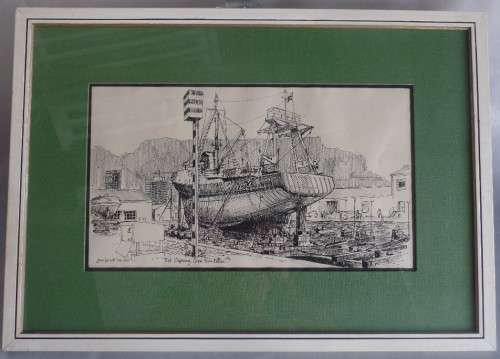 CHRIS LOVELL THE SLIPWAY, CAPE TOWN DOCKS INK DRAWING