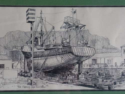 CHRIS LOVELL THE SLIPWAY, CAPE TOWN DOCKS INK DRAWING
