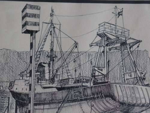 CHRIS LOVELL THE SLIPWAY, CAPE TOWN DOCKS INK DRAWING