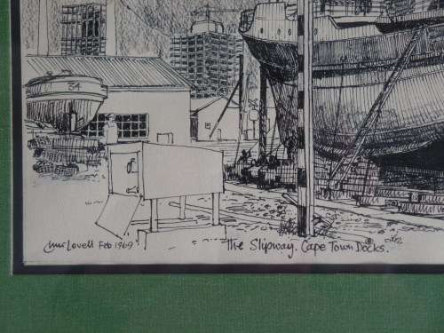 CHRIS LOVELL THE SLIPWAY, CAPE TOWN DOCKS INK DRAWING