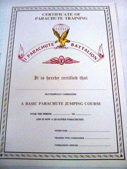 SADF 1 Para Bn Blank Certificate ( English) A4 - SIZE (unused and no damage at all)
