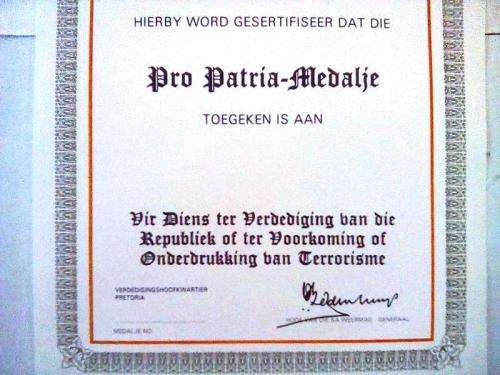 SADF Pro Patria Medal Blank Certificate ( Afrikaans ) A4 - SIZE (unused and no damage at all)