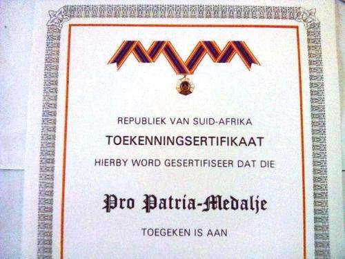 SADF Pro Patria Medal Blank Certificate ( Afrikaans ) A4 - SIZE (unused and no damage at all)