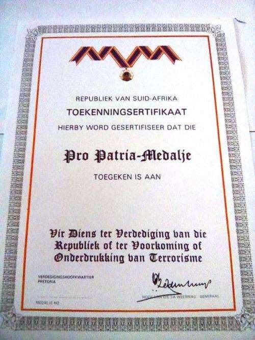 SADF Pro Patria Medal Blank Certificate ( Afrikaans ) A4 - SIZE (unused and no damage at all)