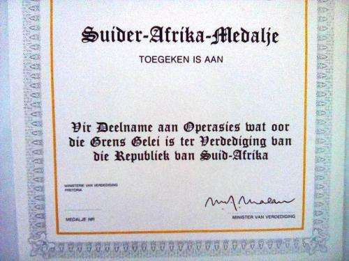 SADF Suider - Afrika - Medaltjie  Blank Certificate ( Afrikaans ) A4 - SIZE (unused and no damage)