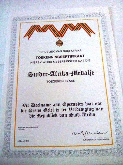 SADF Suider - Afrika - Medaltjie  Blank Certificate ( Afrikaans ) A4 - SIZE (unused and no damage)