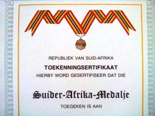 SADF Suider - Afrika - Medaltjie  Blank Certificate ( Afrikaans ) A4 - SIZE (unused and no damage)