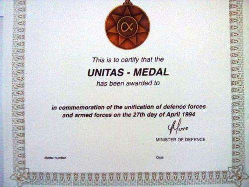 SADF Unitas Medal Blank Certificate ( English) A4 - SIZE (unused and no damage at all)