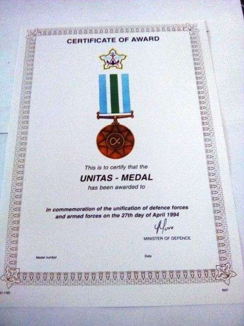 SADF Unitas Medal Blank Certificate ( English) A4 - SIZE (unused and no damage at all)