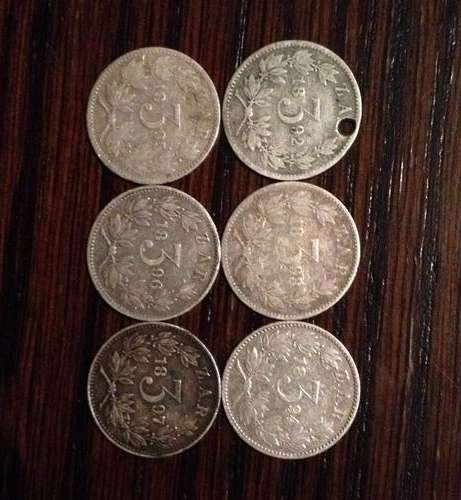 1892, 1893, 1894, 1895, 1896,1897 South Africa ZAR 3 Pence Complete Set