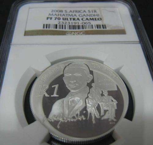 NGC GRADED PF70 ULTRA CAMEO MAHATMA GHANDI SILVER 1 RAND