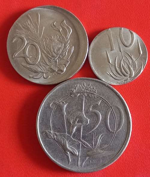 3 RSA ERROR COINS,FOR ONE BID...1985 50c,1988 20c and 1984 10c
