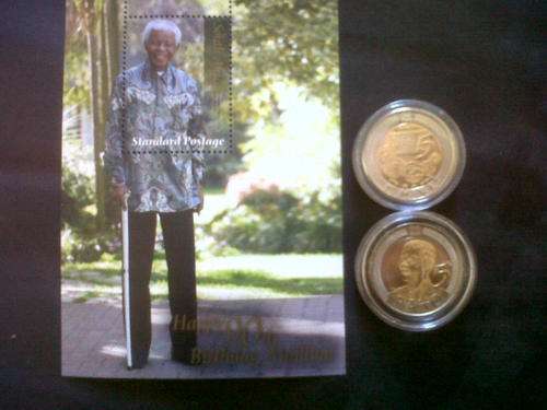 R5 2008 + R5 2011 UNCICULATED COINS &  MADIBA STAMP