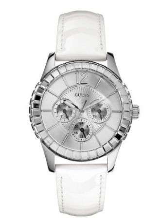 BRAND NEW GUESS  Ladies Facet White Leather Band Chronograph Watch with Silver Dial *STUNNING WATCH*