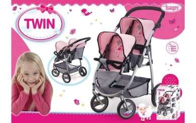 Twin Tandem Doll's Pram (Pink/Grey)