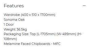 1 Door Wardrobe - Sonoma Oak