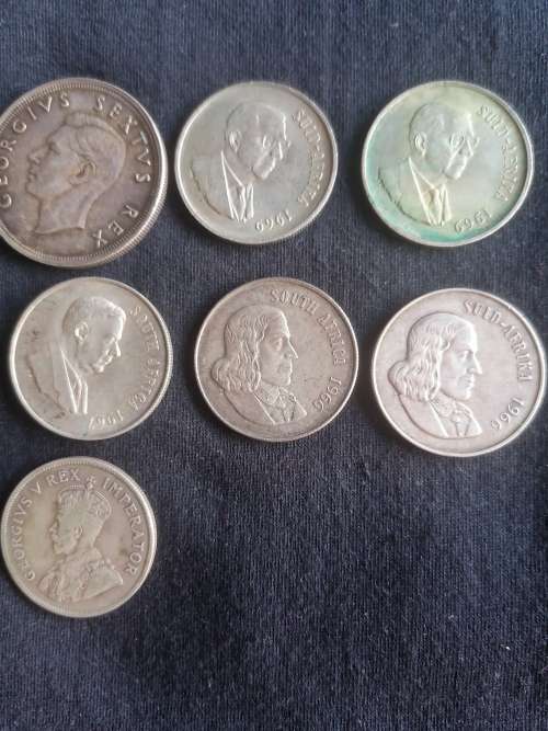 7x 80%SA Silver Coins incl Coat of Arm R1's, Eng R1, 1930 2.5 Shilling