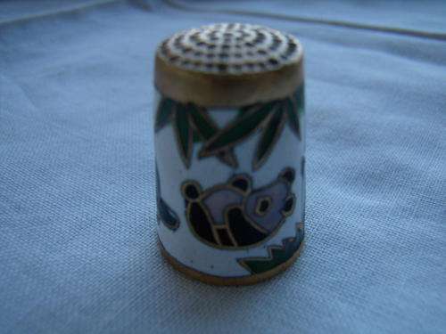Colourful Cloisonne  Thimble - Decorated with Panda Bears and bamboo