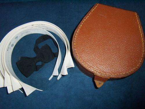 Rare Find!! Leather Collar Box with 6x Irish Linen White Starched Collars & 1x Black Bow Tie