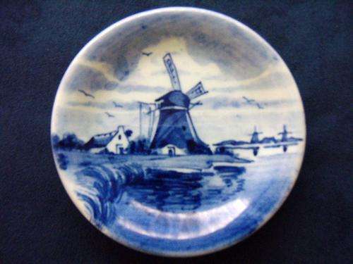 80mm Original Delft Blue & White Plate - Hand Painted with Windmill Scene- Excellent Condition