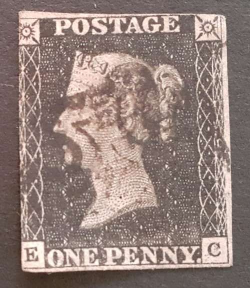 Great Britain postage stamp, Penny Black, Imperforate, 1 penny, 1840