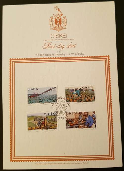 Ciskey postage stamps, first day sheet, 1982, Pineapple Industry
