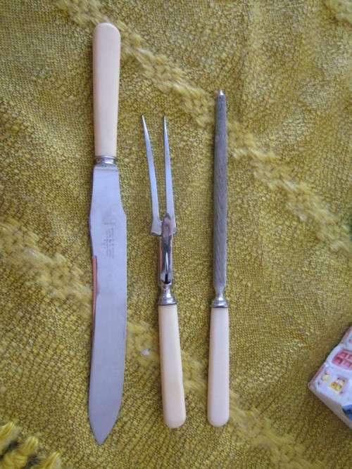 Vintage 'Joseph Rogers & Son' Bone Handle Carving Knife, Fork and Sharpener