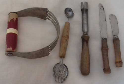 5 Vintage Kitchen Utensils: dough blender, apple corer etc.