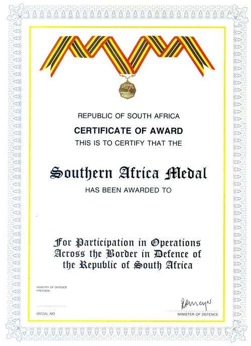 Southern Africa Medal Certificate