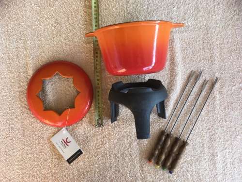 Cast Iron Fondue set in the "Flame" colour like Le Creuset by Kitchen Confidential