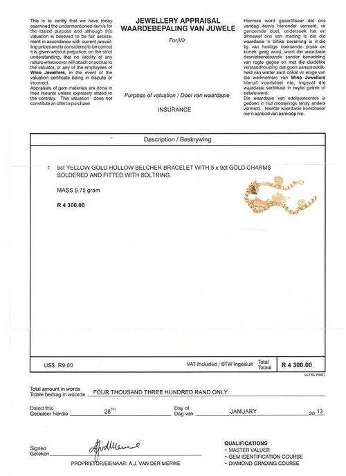 9ct Gold Bracelet with 5 x 9ct Gold Charms valued @ R4300!!!!