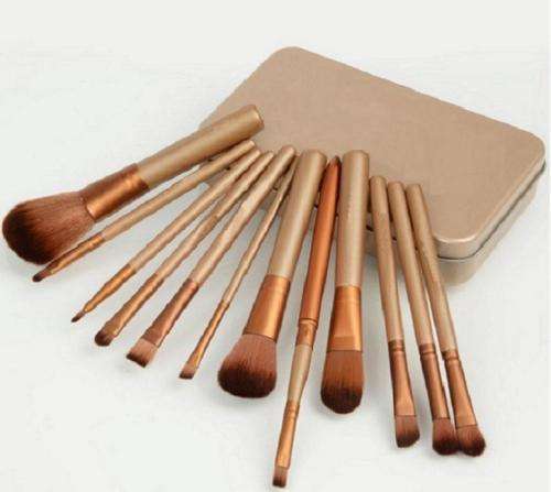 Professional Makeup Cosmetic 12pcs Brush Set Gold Metal Tin Box