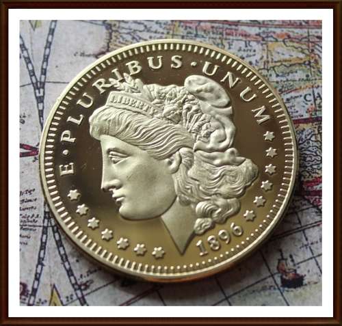 American 1896 Morgan Eagle 24ct gold clad 100 Mills Dollar, Excellent Coin.