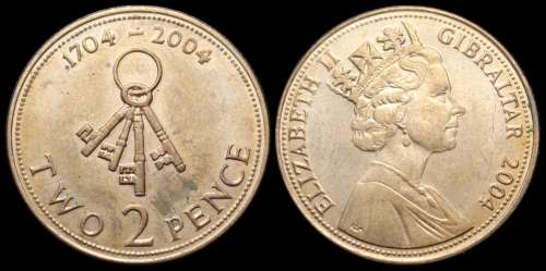 2004 Gibraltar, Excellent Two Pence in  (AUNC), Issue: 300th Anniversary of British Occupation.