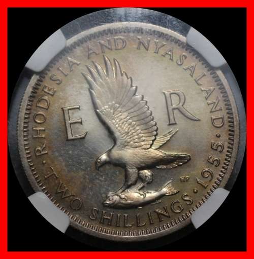 Rhodesia & Nyasaland: Excellent Proof Silver Coin, Two Shillings of 1955, in PF65 NGC Grading.