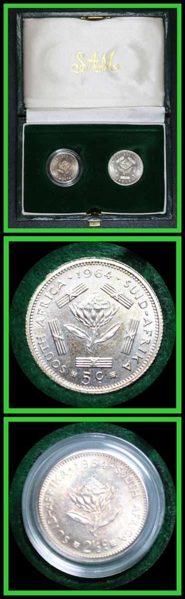 1964 Rep. of South Africa: Excellent Set of  5 Cents and 2 1/2 Cents Proof Coins. as per Photo.