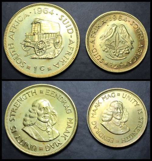 1964 Rep. of South Africa: Excellent Set of  1 Cents and 1/2 Cents Proof Coins. as per Photo.