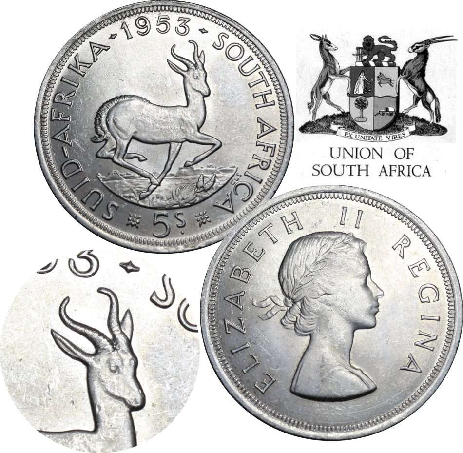 1953 : Union of  S. A.: Excellent 5 Shillings (AUNC)  in Very Good Conditions, as per Photo.