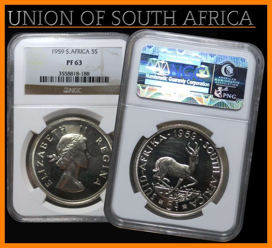 1959 : Union of South Africa : Five Shillings : Grade (PF 63) NGC, as per Photo.