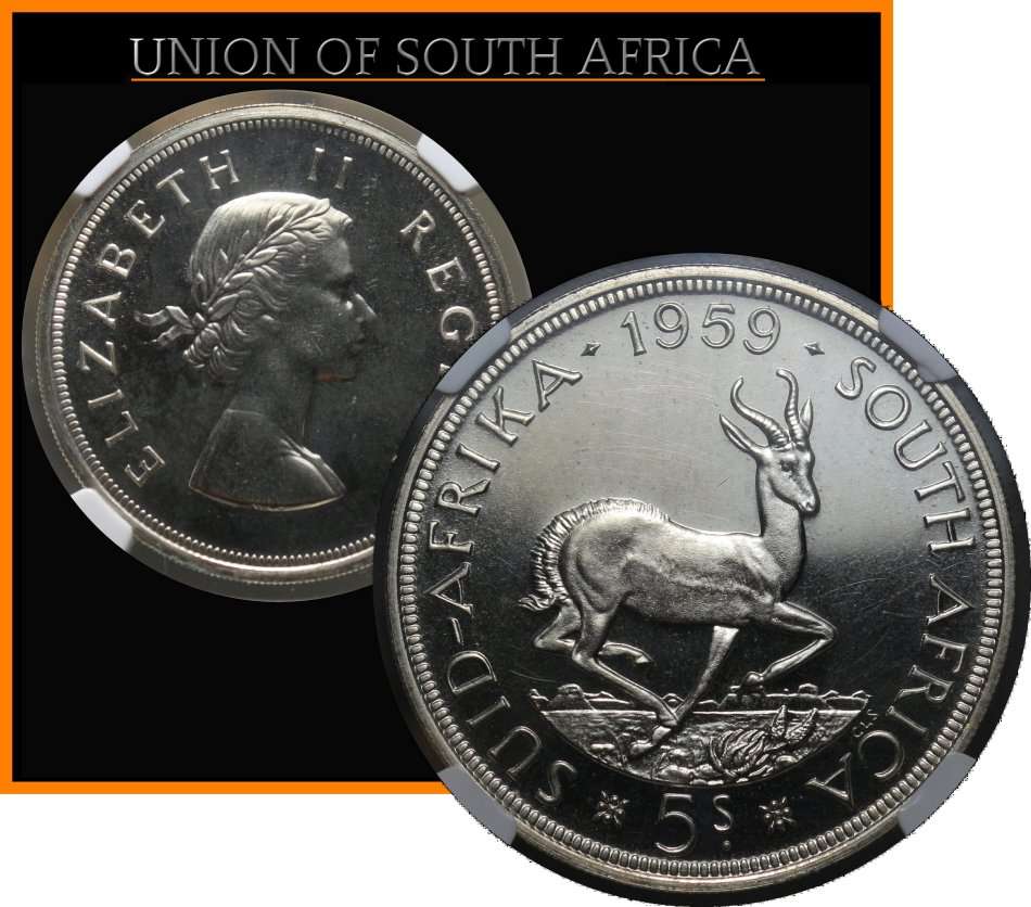 1959 : Union of South Africa : Five Shillings : Grade (PF 63) NGC, as per Photo.