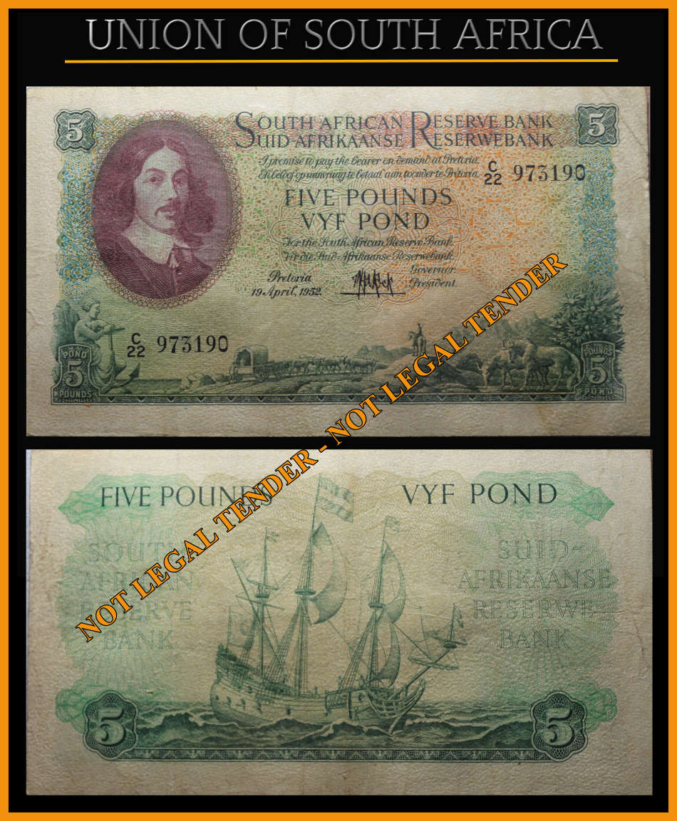 South African Bank Note : VYF POND - FIVE POUNDS  (Date 19-April-1952)  MH de Kock. as per Photo.