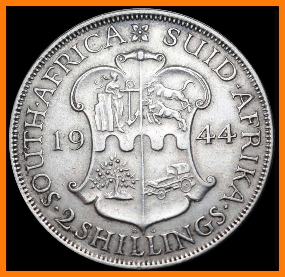 1944 Union of S.A. Two Shillings  in (Cleaned Conditions), Description Below, as per Photo.