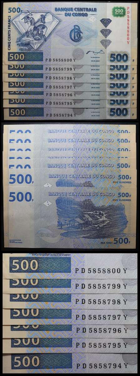 CONGO  :  500 FRANCS (04/01/2002)  (UNC) Condition : Sequential Numbers (794 to 800) as per Photo..
