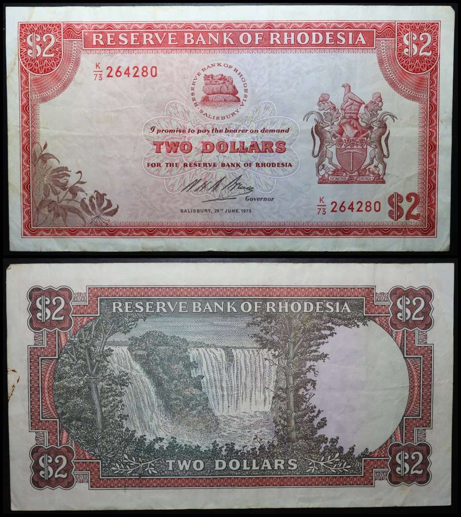 RHODESIA  :  TWO DOLLARS (SALISBURY 29TH  JUNE, 1973) (CIRCULATED Condition).