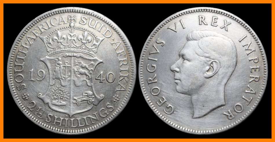 1940 Union of S.A. 2 1/2 Shillings  in (Cleaned Conditions), Description Below, as per Photo.
